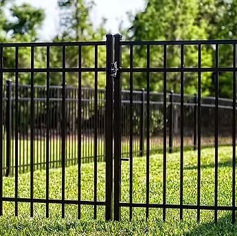 Black metal fence with a closed gate in a green park or yard
