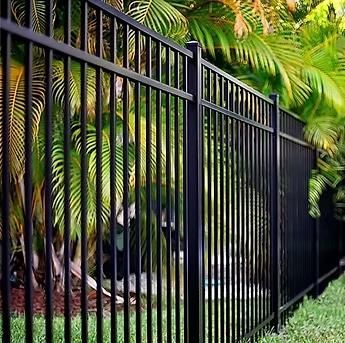 Black metal fence beside lush green palm trees and grass along a garden path