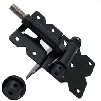 Black metal spring-loaded door hinge with mounting plate and separate cap on white background