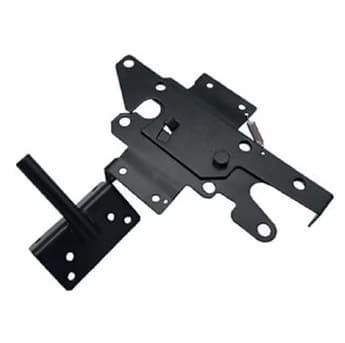 Black metal latch mechanism with handle and mounting plates on a white background