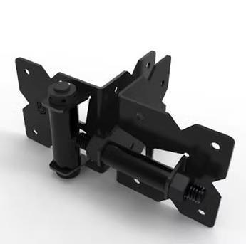 Black metal locking hinge bracket with mounting plates on a white background