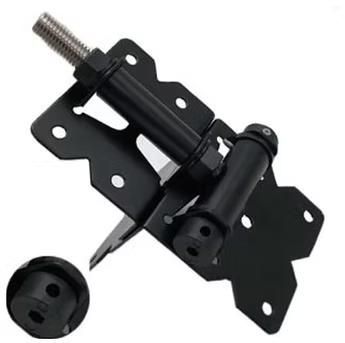Black metal adjustable door lock latch with mounting plate and bolt on a white background