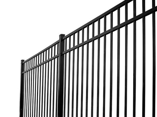 Black metal fence with vertical bars against a white background