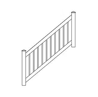 White staircase railing with vertical balusters and two posts, shown in a simple line drawing.