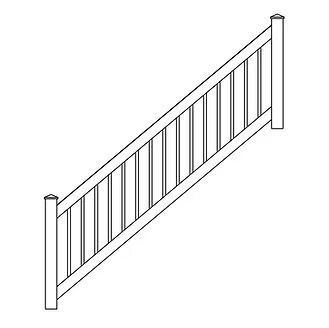 White stair railing with diagonal banister and vertical balusters, shown in simple line art.