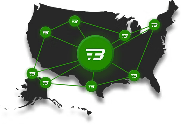 Green logo nodes connected across a black U.S. map silhouette