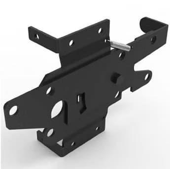 Black metal mounting bracket with multiple holes and angled arms on a white background