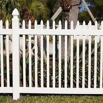 White picket fence with pointed posts in front of a garden and palm trees