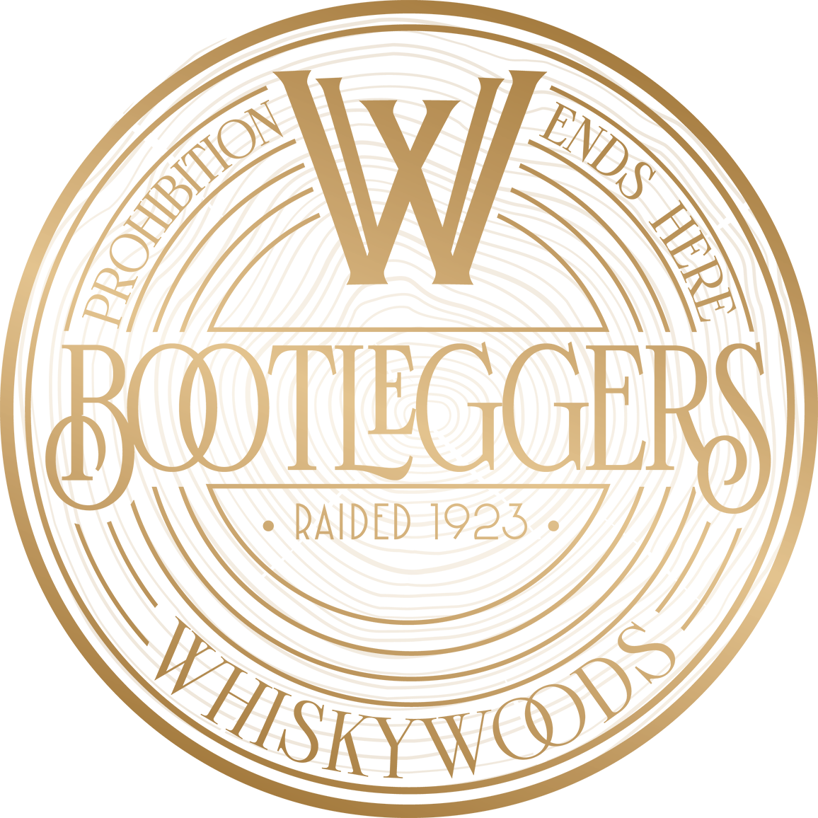 A gold and white logo for bootleggers whisky woods.