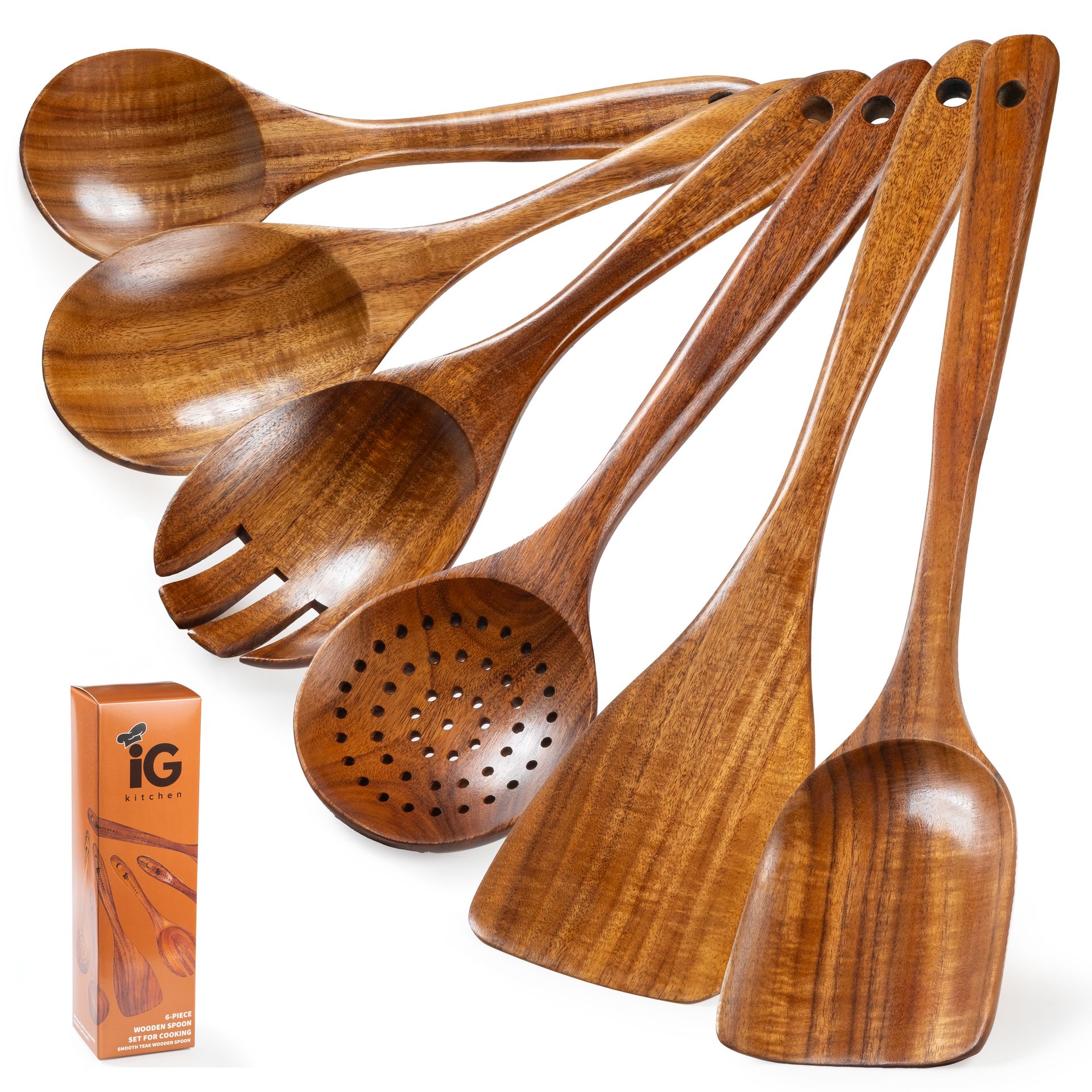 6-Piece Teak Wood Cooking Spoon Set – Premium Wooden Utensils for Kitchen