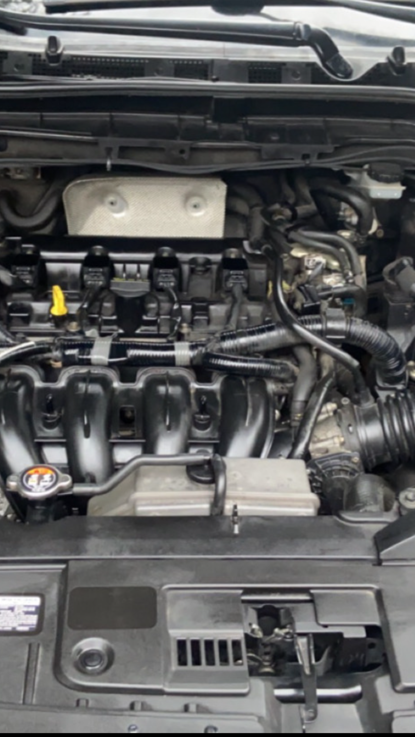 Car engine bay with black hoses and components, viewed from the front with the hood open.