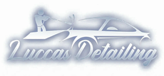 Lucas Detailing logo with a silver car silhouette and blue-gray script text on a white background