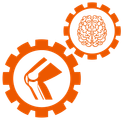 An icon of two gears working together. In one gear there is an image of a knee joint, while the other gear has an image of a brain.