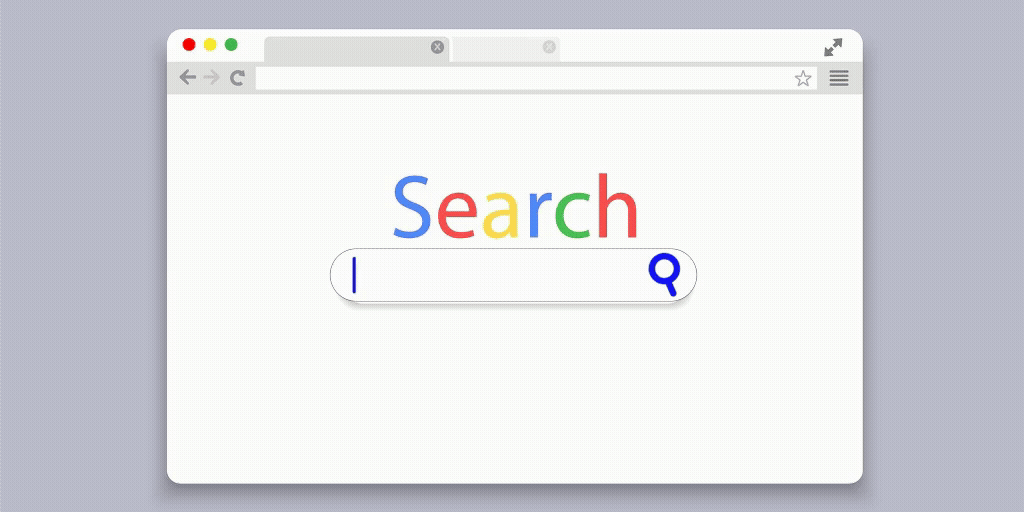 A browser window showing a colorful “Search” heading and a search bar with a magnifying glass icon