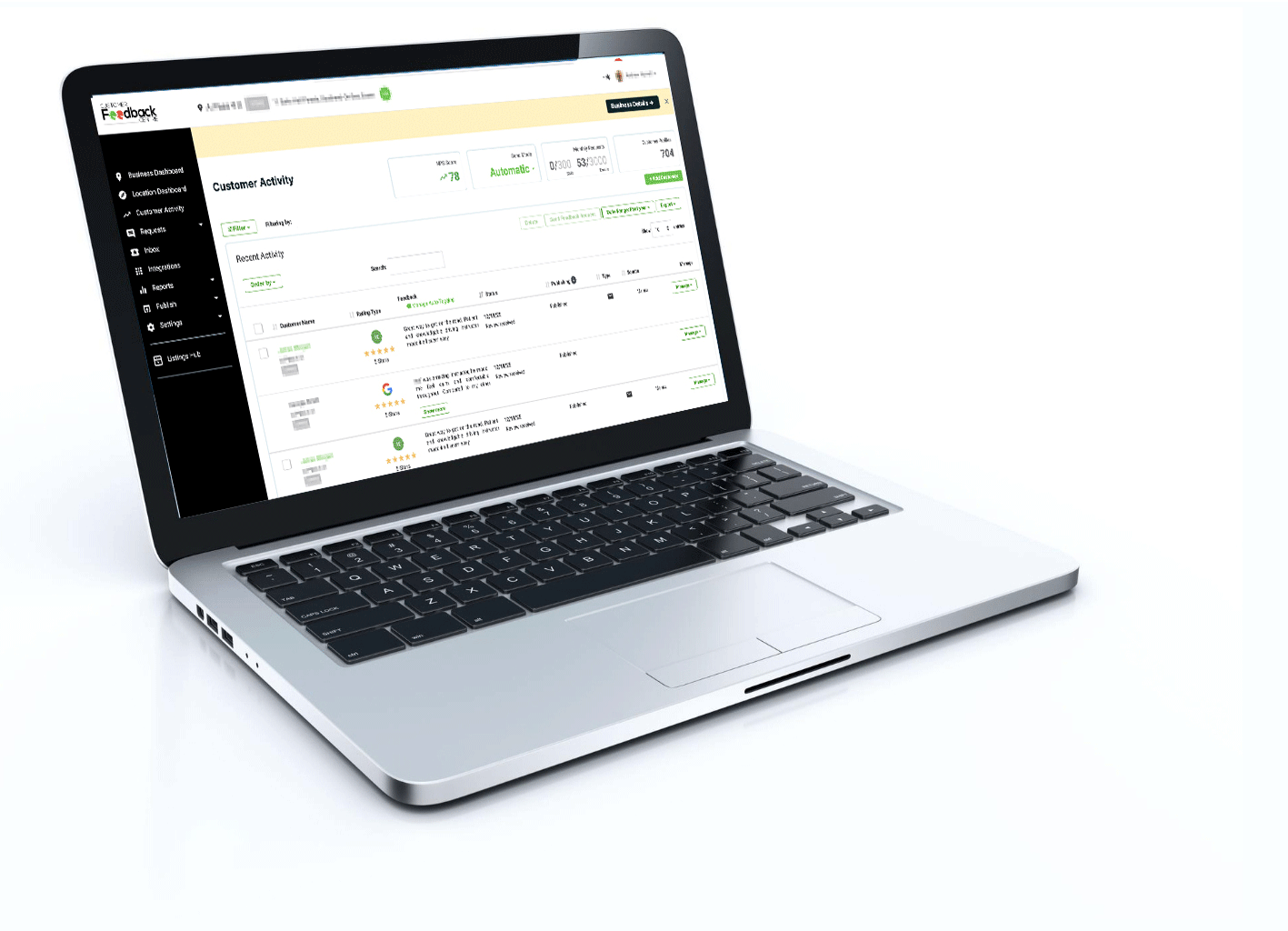 Silver laptop displaying a web app dashboard on a white background