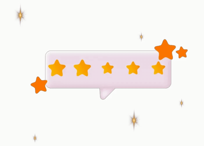 Pink speech bubble with orange stars and sparkles on a white background