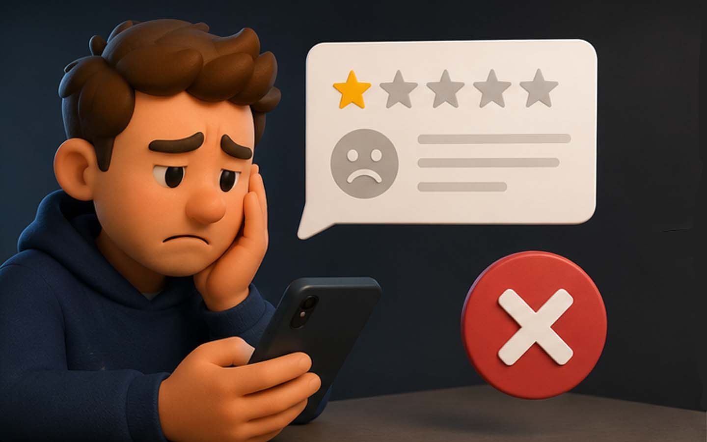 Sad person looking at a phone beside a negative review icon and red X symbol