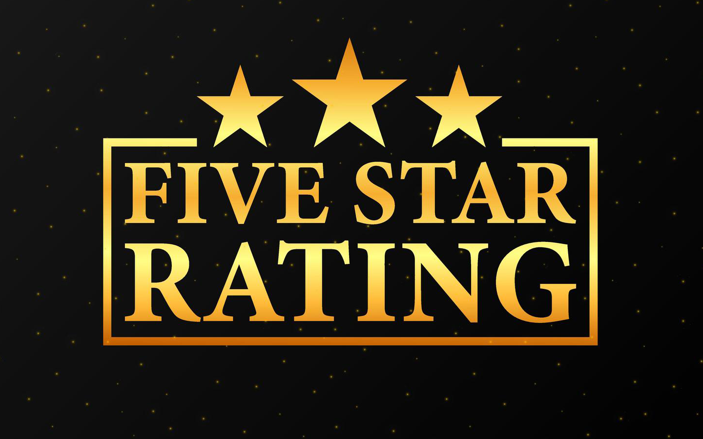 Gold five-star rating badge with three stars above the words “FIVE STAR RATING” on a black background