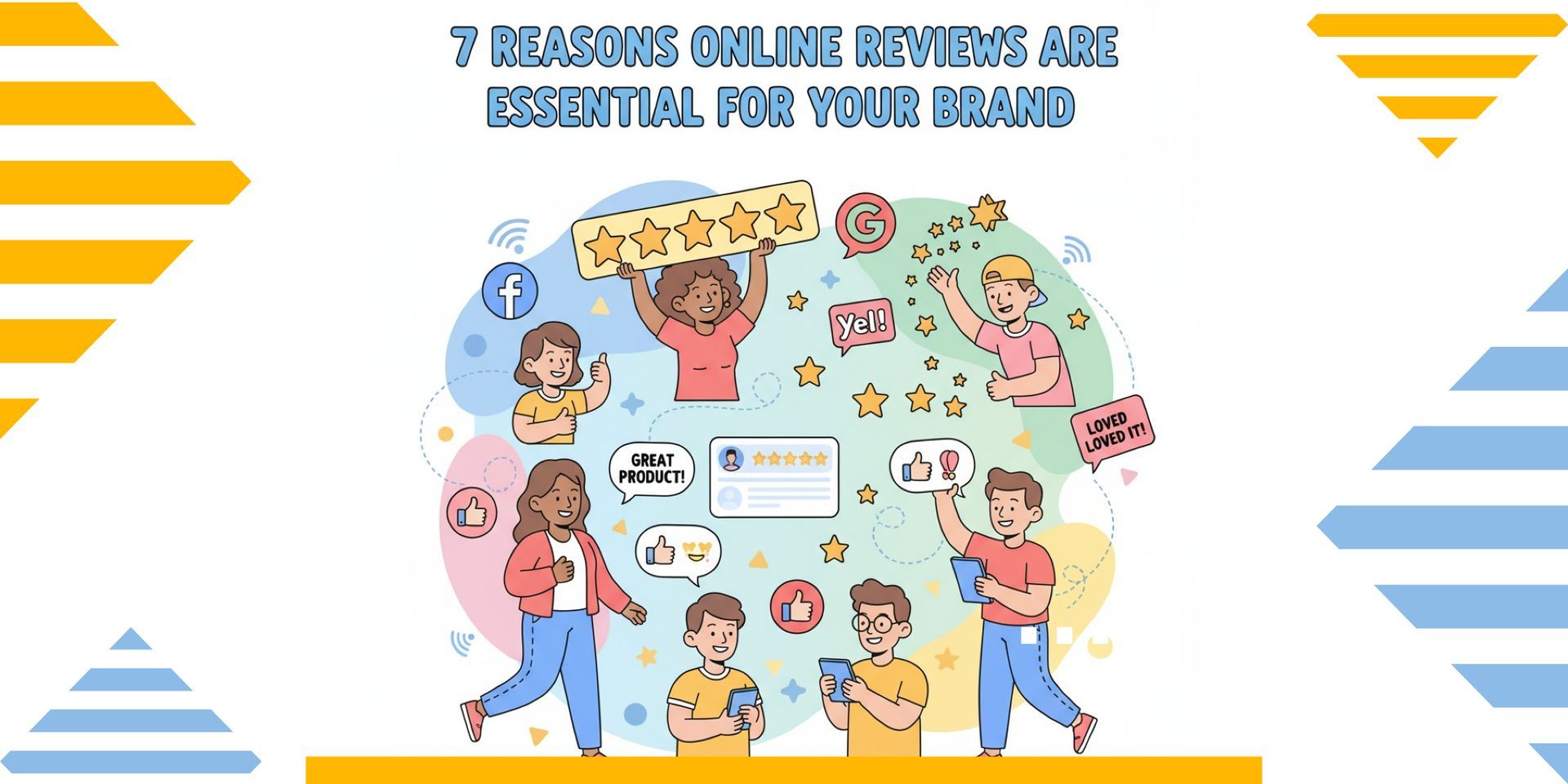 Online reviews help build brand trust, with colorful shoppers and star ratings around a central message.
