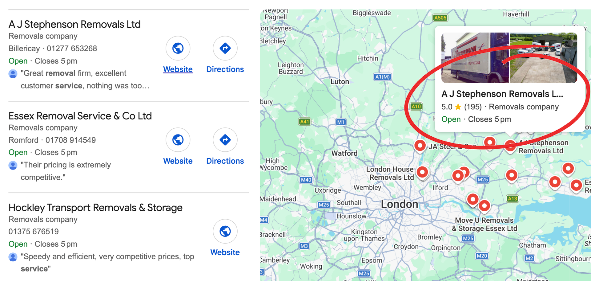 Google Maps results with a red-circled hotel listing on the right and map pins in the city view