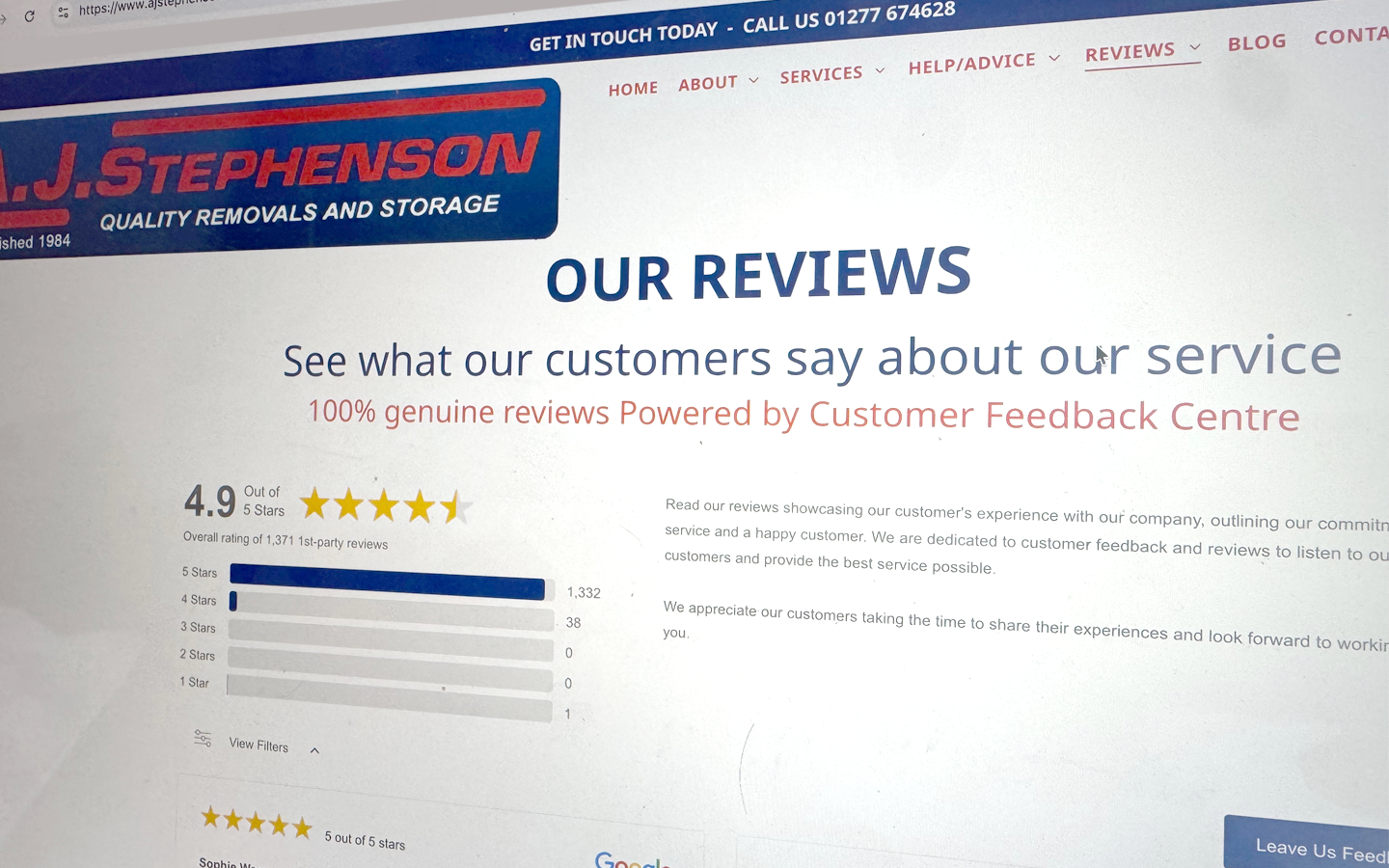 AJ Stephenson Removals reviews page