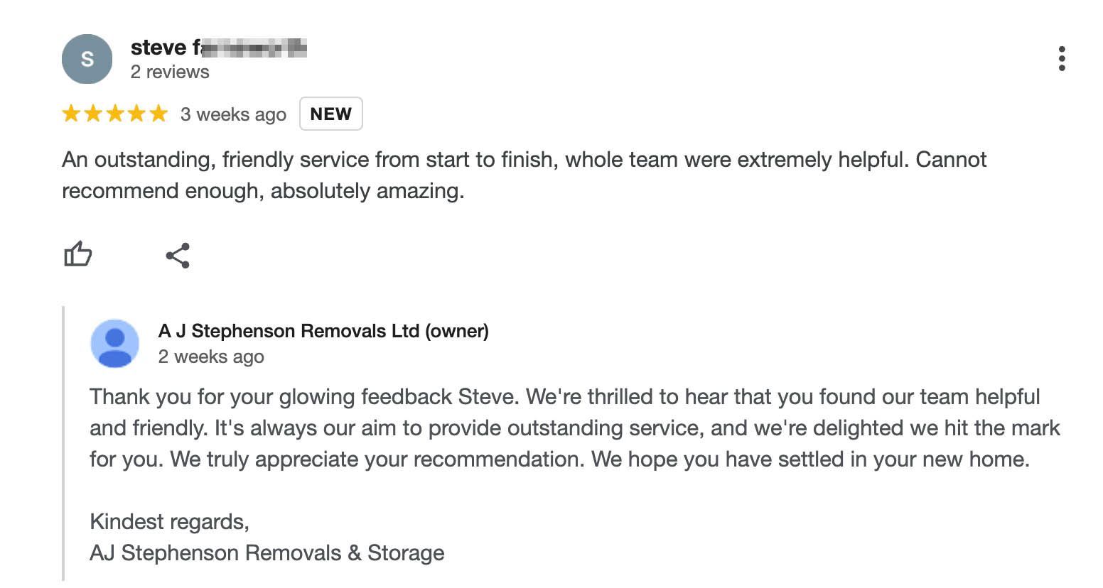 Google review screenshot praising a furnished apartment and helpful host, with 5-star rating and reply above comments