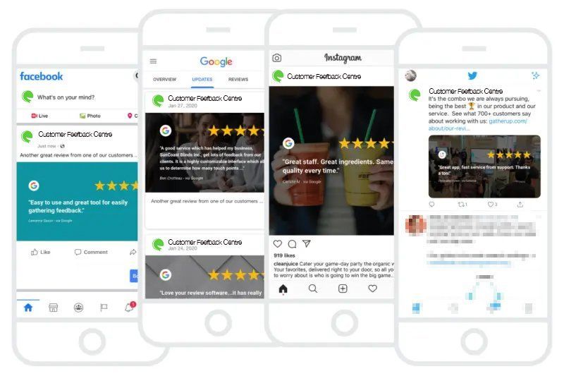 Four smartphones showing social media review screens for Culture Health Clinic and related pages