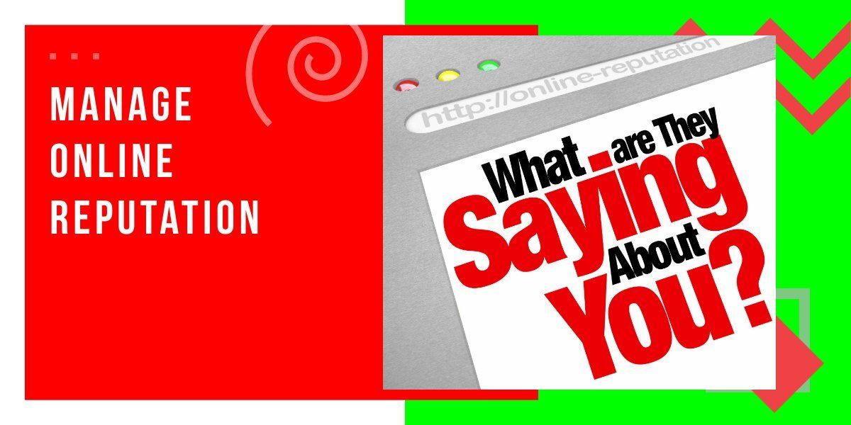 Red ad about managing online reputation with a tilted card reading “What are they saying about you?”