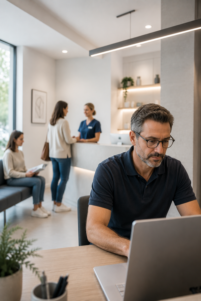 Customer support professional at desk