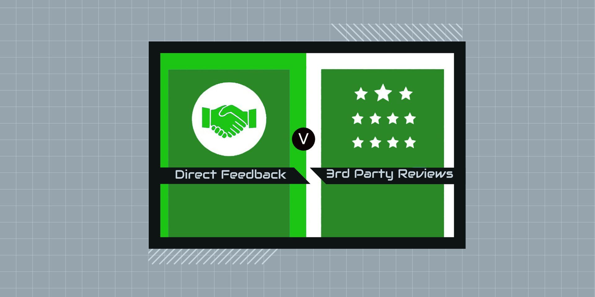 Green dashboard with “Direct Feedback” and “3rd Party Reviews” icons separated by a vertical line.