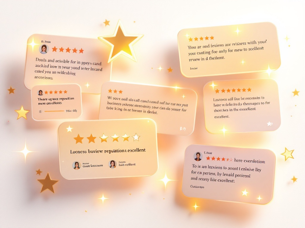 Review cards with star ratings on a soft pink background, glowing with gold sparkles.