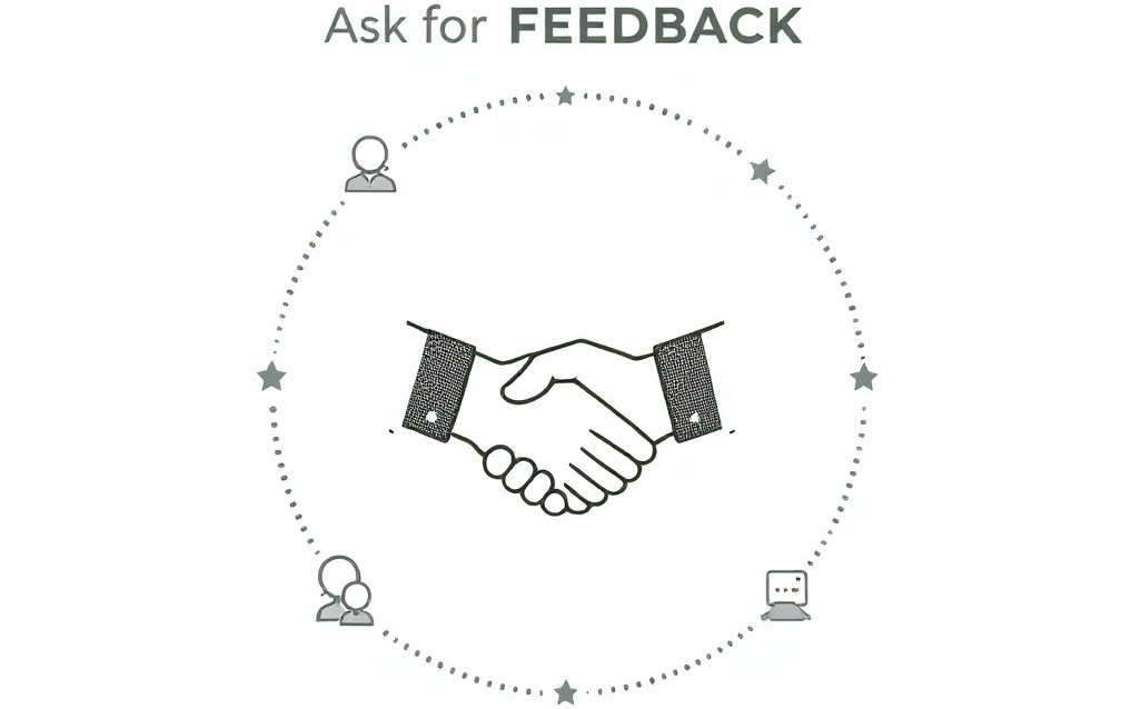 Handshake icon with dotted circular feedback loop and “Ask for FEEDBACK” text