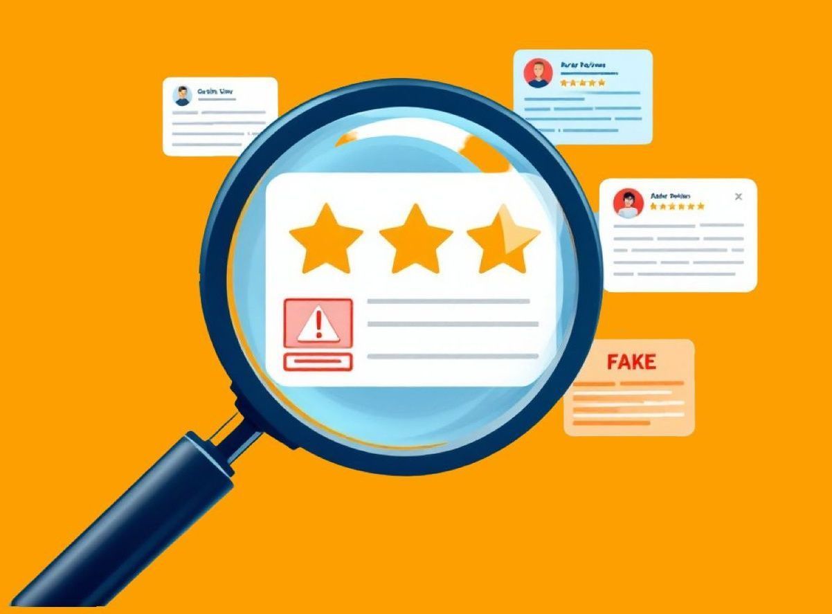 Magnifying glass over star ratings and review cards, one marked fake, on orange background