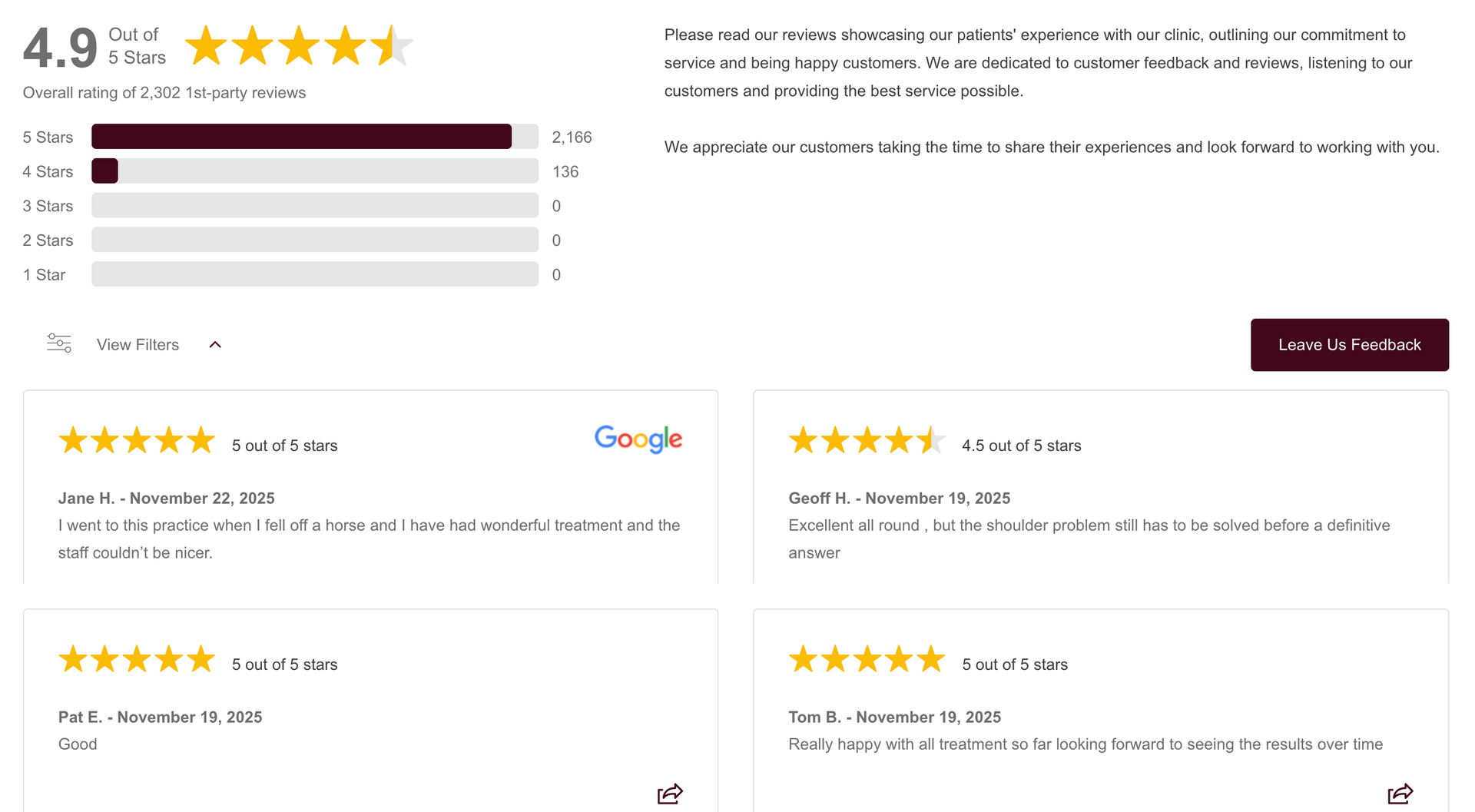 Website showing 4.9-star reviews with rating bars and Google review cards on a white background