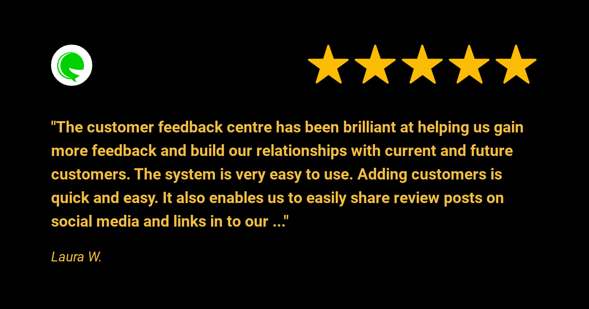 Gold five-star customer feedback quote on a black background with a green chat icon.