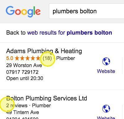 Google search results for “plumbers bolton,” showing local plumber listings with ratings and website links