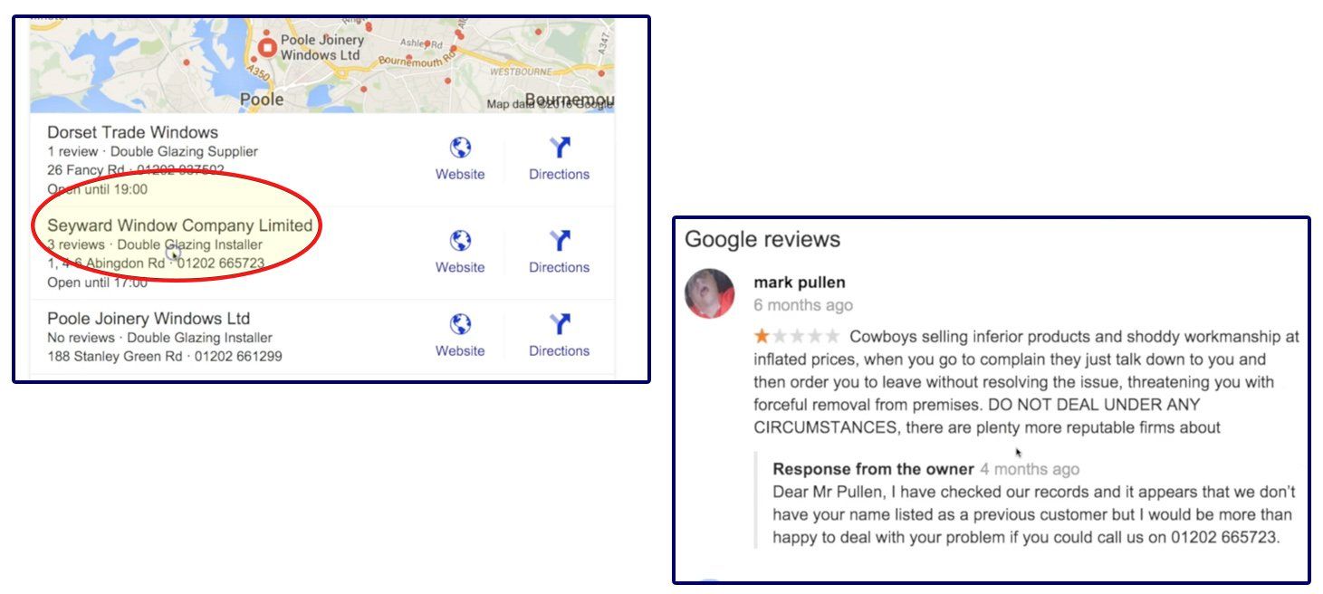 Two small web screenshots: a circled map listing and a Google reviews page with a star rating and review text.