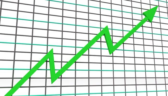 Green upward-trending line chart on a grid background, showing growth with sharp rises and dips