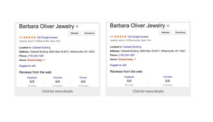 Two side-by-side Barbara Oliver Jewelry business listings with ratings and reviews