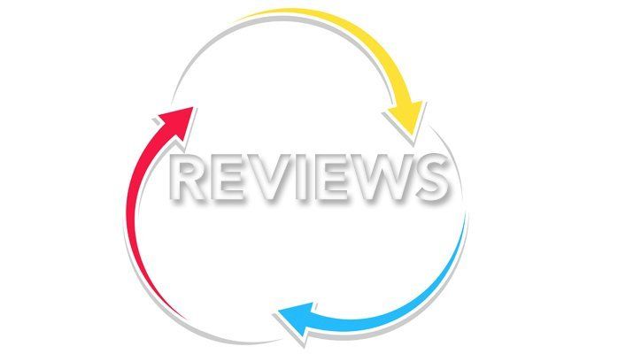 Circular arrows in red, yellow, and blue around the word “REVIEWS”