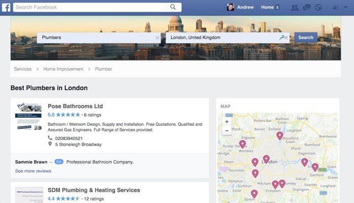 Facebook page showing “Best Plumbers in London” search results and a map with pink location pins
