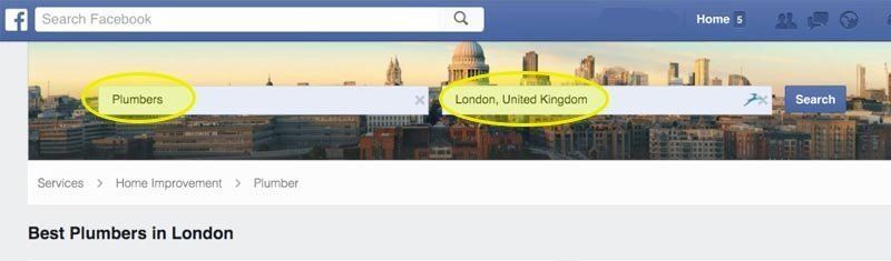 Website page with a pink search box and yellow highlighted items, titled “Best Plumbers in London”