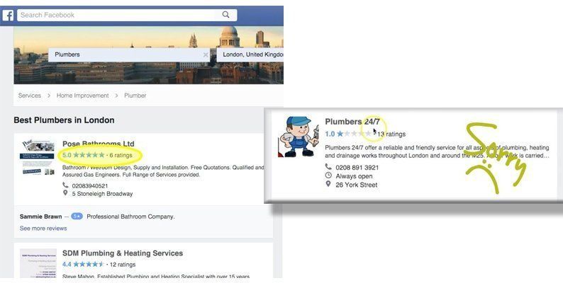 Facebook search results for “Dust Plumbers in London” with a highlighted result and sidebar ad.