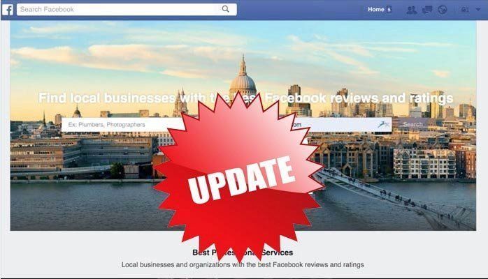 Facebook-style homepage screenshot with city skyline, central search bar, and red “UPDATE” starburst overlay