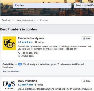 Search results page for plumbers in London with listings and ratings from Fantastic Handyman and DWS Plumbing