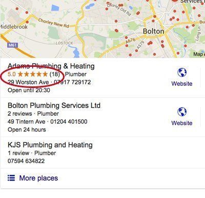 Google Maps results for plumbing services in Bolton, with one 5.0-rated listing circled in red.