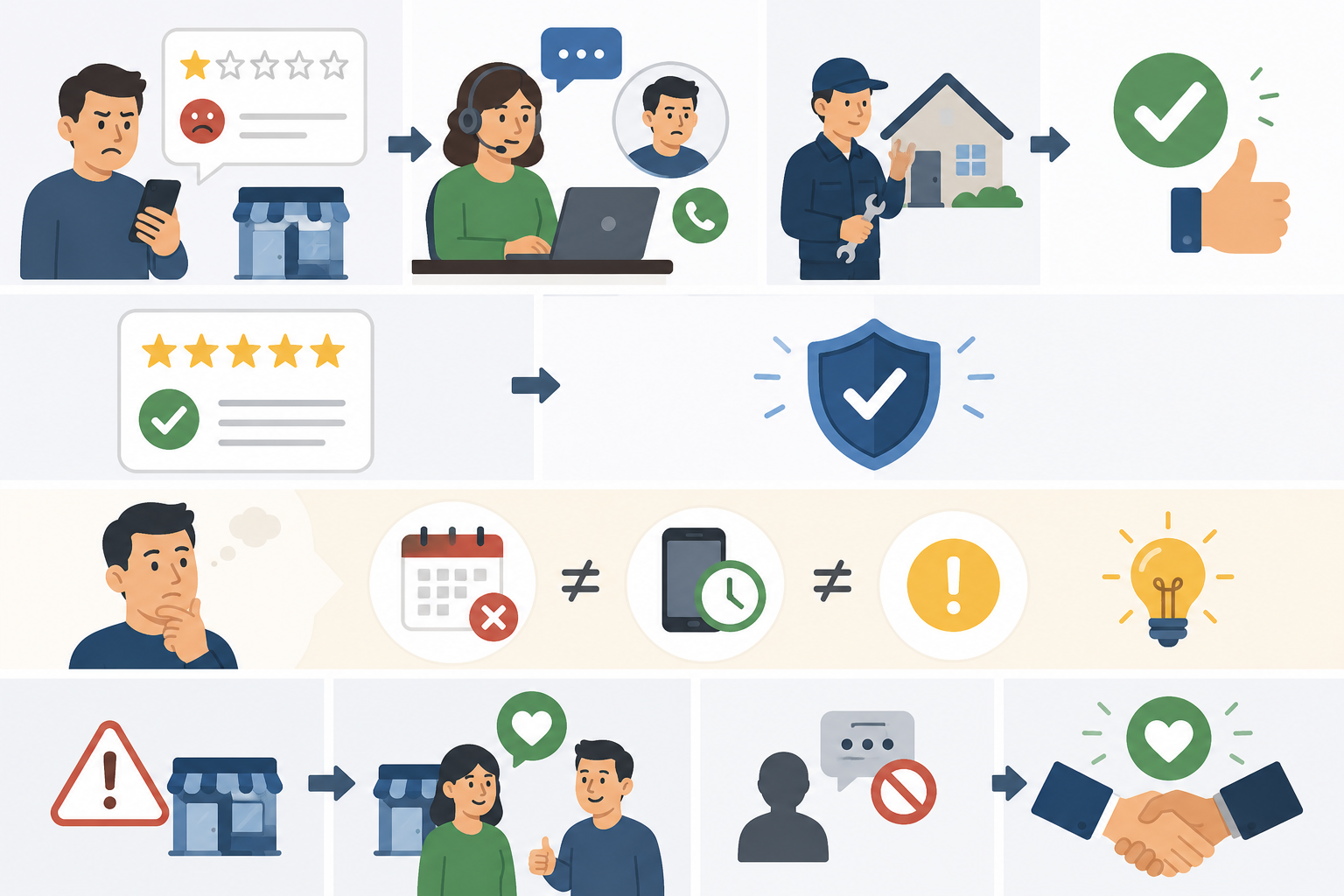 Collage of online service icons: reviews, chat, security checks, warnings, and handshake agreement symbols.