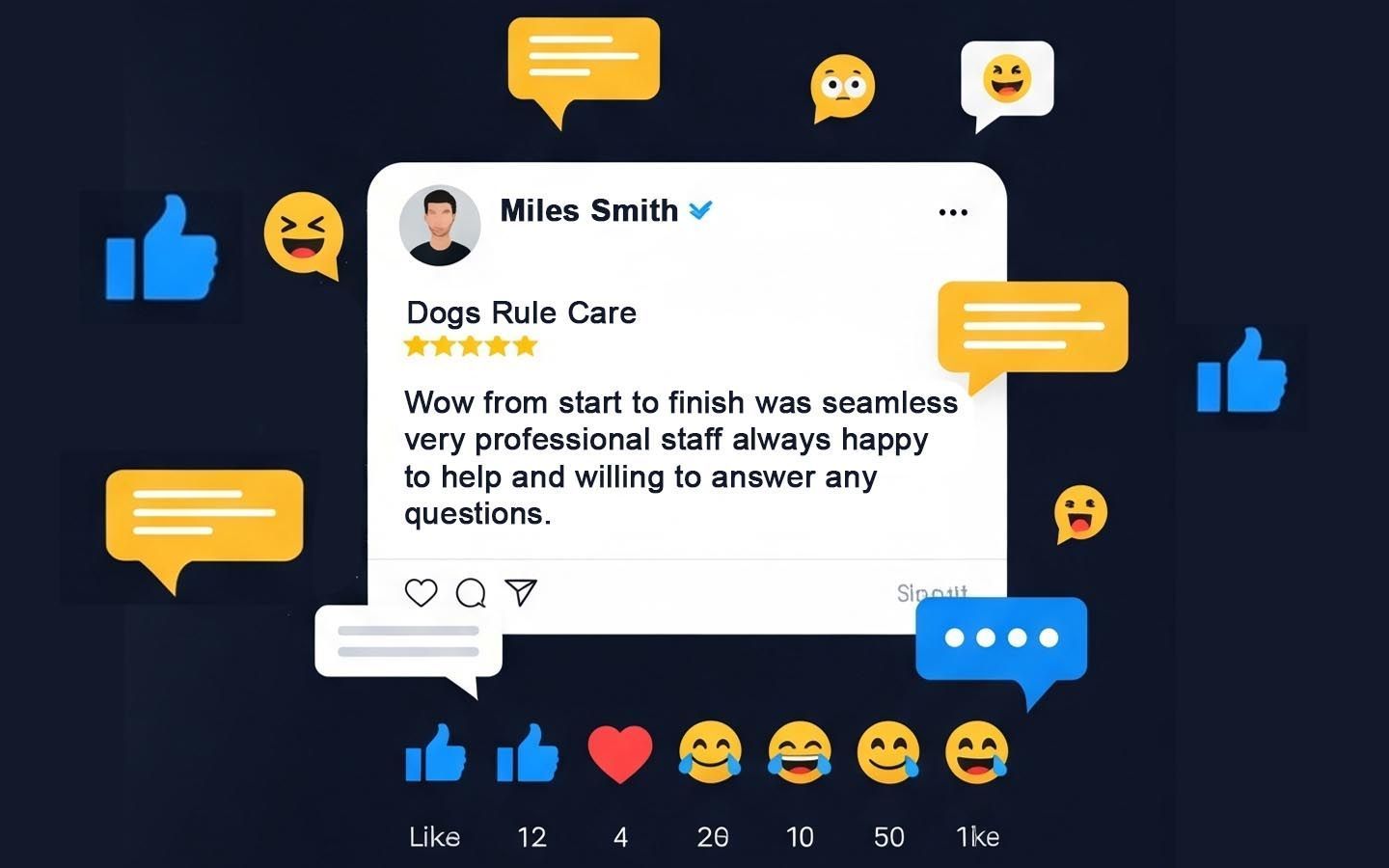 Social media post with likes, emoji reactions, and comment icons on a dark blue background
