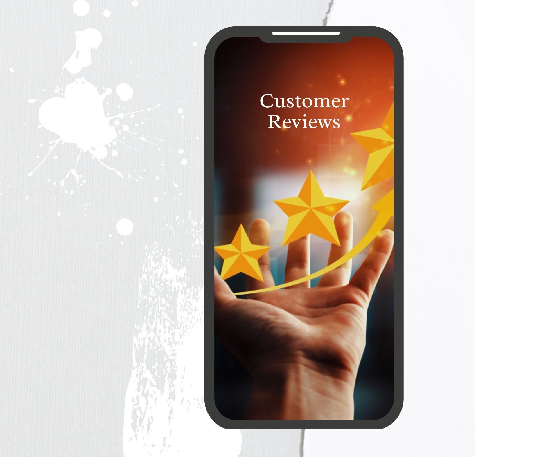 Hand holding glowing star ratings beside a smartphone screen reading “Customer Reviews”