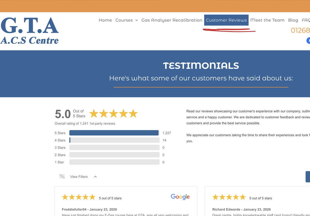G.T.A. Air & Lawn Care testimonials page with blue header and 5-star rating summary